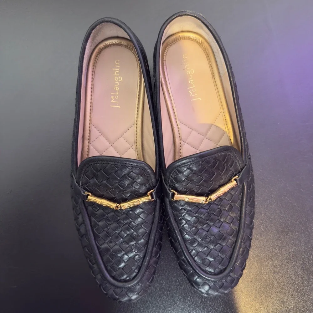 J. McLaughin Woven Leather Gold Horsebit Loafers Womens 6.5 Black Slip On Shoes